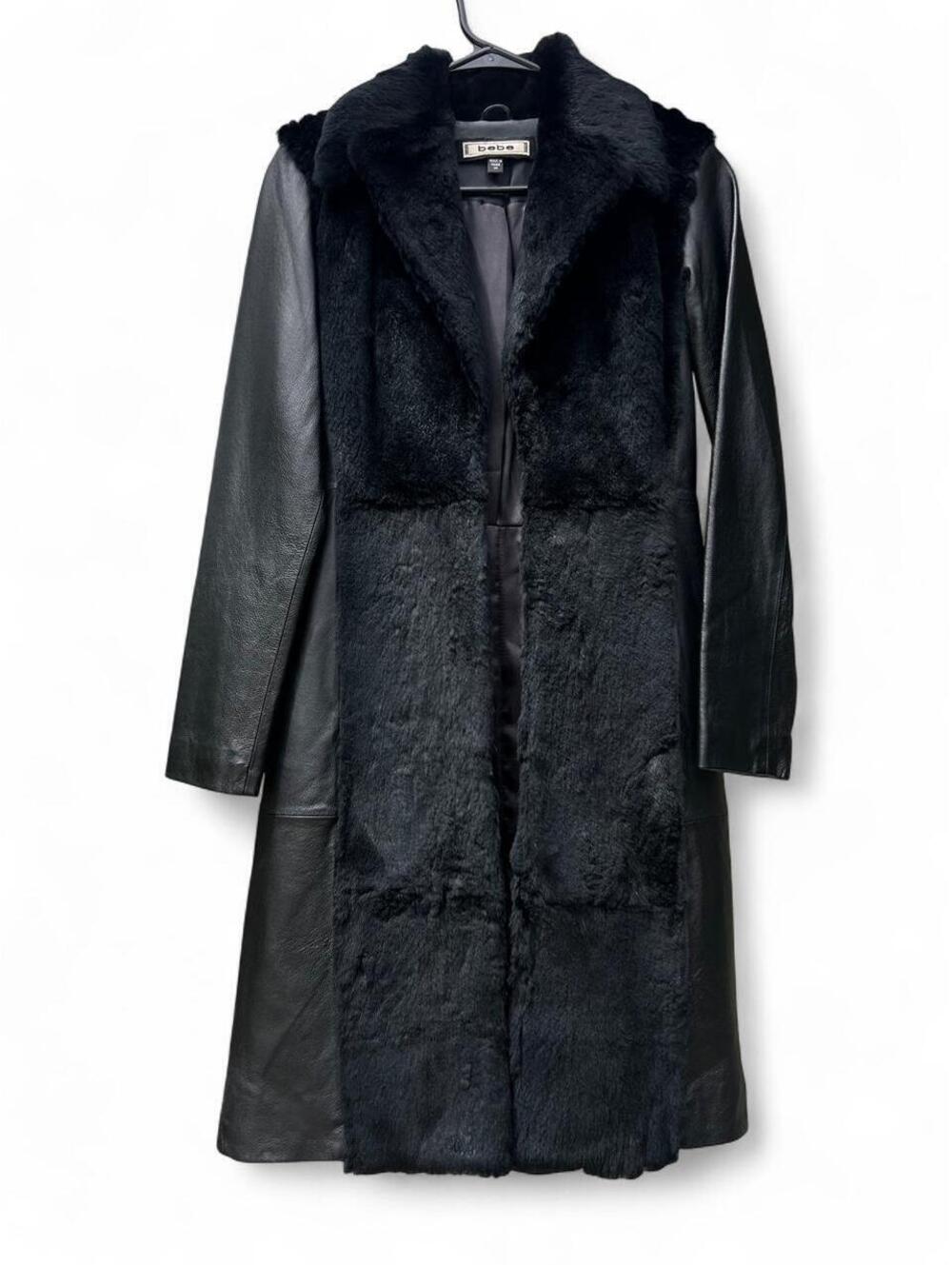 Rare Bebe Leather Coat Womens XS Black Vintage Y2K Rabbit Fur Front Panel Jacket